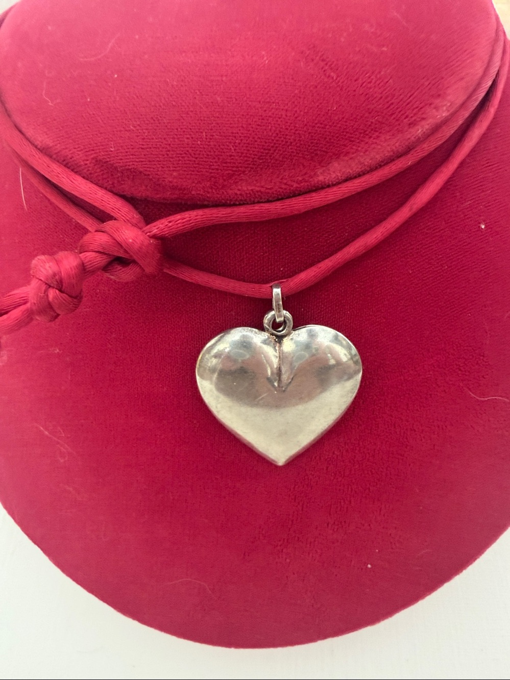 Sterling 925 Silver Puffy Heart Pendant Necklace on Red Cord Vintage Huge